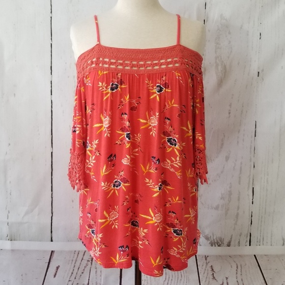 RUE21 Orange Off the Shoulders Knit Floral… - Picture 1 of 7